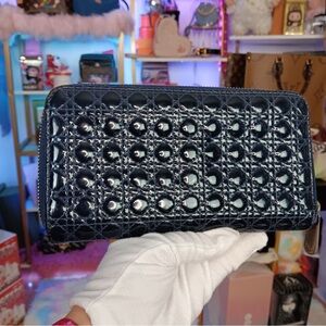 Dior Lady Dior Cannage Dark Blue Teal Patent Leather Zip Wallet